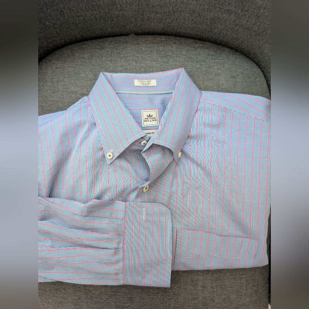 Peter Millar Seaside Finish Button Up Shirt Men XL Blue Red Plaid Long Sleeve